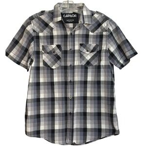 Carbon Shirt Mens M Plaid Short Sleeve Western Button Down Black Grey‎ Bikercore